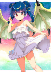 Rule 34 | 1girl, alternate hair color, bare arms, bare legs, blue hair, cloud, dragon wings, dress, fire emblem, fire emblem: the sacred stones, flat chest, frilled dress, frills, gradient background, hair ribbon, harakune (mugennero), highres, light smile, looking at viewer, myrrh (fire emblem), nintendo, red eyes, ribbon, sunset, twintails, white dress, wings