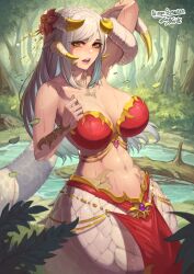 Rule 34 | 1girl, absurdres, arm up, braid, breasts, commission, crown braid, eguchi tumoru, flower, gold, hair flower, hair ornament, highres, horns, jewelry, lake, lamia, large breasts, leaf, looking at viewer, monster girl, nature, navel, open mouth, original, scales, sidelocks, skeb commission, solo, tree, wet, white hair, yellow eyes