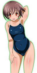 Rule 34 | 1girl, arm up, armpits, brown hair, cameltoe, competition school swimsuit, covered navel, highres, miyanaga saki, navel, one-piece swimsuit, orange eyes, red eyes, saki (manga), school swimsuit, short hair, solo, swimsuit, taigi akira