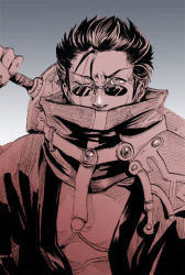 Rule 34 | 00s, 1boy, auron, black hair, coat, covered mouth, final fantasy, final fantasy x, gradient background, high collar, holding, holding sword, holding weapon, looking at viewer, male focus, monochrome, one eye closed, open clothes, open coat, over shoulder, scar, scar across eye, scar on face, shiroton (kazamineko), solo, strap, sunglasses, sword, sword over shoulder, weapon, weapon over shoulder, wink