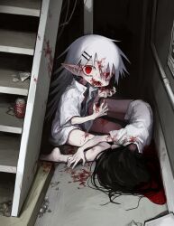 Rule 34 | 2girls, absurdres, bare legs, black hair, blood, blood in hair, blood on face, blood on ground, blood on hands, can, caught, collared shirt, commission, corpse, dark, death, drink can, fangs, full body, hair ornament, hairclip, highres, indoors, industrial pipe, ishida umi, long hair, looking at viewer, multiple girls, on floor, open clothes, open shirt, original, pointy ears, red eyes, shirt, short sleeves, sitting, skeb commission, soda can, stairs, vampire, wariza, white hair, white shirt