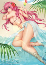 Rule 34 | 1girl, bad id, bad pixiv id, bikini, blue eyes, blush, breasts, cocktail, double click (artist), large breasts, long hair, looking at viewer, looking back, lying, megurine luka, on stomach, pink hair, sarong, see-through sarong, sideboob, solo, swimsuit, twintails, very long hair, vocaloid, wet