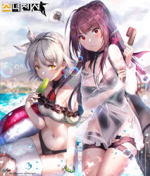 Rule 34 | 2girls, absurdres, blush, breasts, brown hair, cleavage, food, girls&#039; frontline, highres, kyjsogom, large breasts, long hair, looking at viewer, looking away, md5 mismatch, multiple girls, navel, naver username, official alternate costume, ponytail, popsicle, red eyes, resolution mismatch, silver hair, source smaller, speech bubble, vector (girls&#039; frontline), wa2000 (girls&#039; frontline), wa2000 (op. manta ray) (girls&#039; frontline), water, watermark, web address, yellow eyes