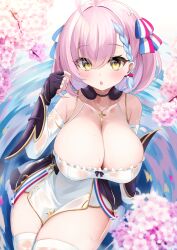 Rule 34 | 1girl, :o, absurdres, ahoge, armpit crease, azur lane, bare shoulders, blue hair, blurry, blurry foreground, blush, bob cut, bow, braid, braided bangs, breasts, cherry blossoms, cleavage, collarbone, cross, cross ornament, detached sleeves, dress, earrings, elegant (sumisumi4268), fingerless gloves, fleur-de-lis, flower, french flag, frilled dress, frills, gauntlets, glint, gloves, hair between eyes, hair bow, hair ribbon, hand in own hair, highres, huge breasts, jewelry, light blue hair, looking at viewer, medium hair, multicolored hair, multicolored ribbon, open mouth, pink flower, pink hair, purple gloves, raised eyebrows, red bow, ribbon, sitting, solo, streaked hair, swept bangs, tartu (azur lane), thighhighs, thighs, two-tone hair, water, white bow, white dress, white sleeves, white thighhighs, yellow eyes