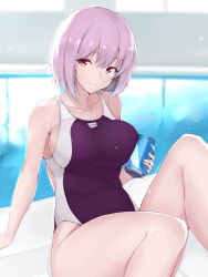 Rule 34 | 1girl, breasts, can, competition swimsuit, drink can, gridman universe, highres, indoors, large breasts, light purple hair, looking at viewer, maruyaa (malya1006), one-piece swimsuit, parted lips, pool, purple one-piece swimsuit, red eyes, shinjou akane, short hair, sitting, smile, soda can, solo, ssss.gridman, swimsuit, water