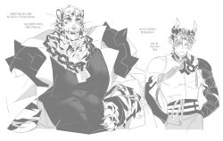 Rule 34 | 2boys, absurdres, animal ears, arknights, bara, bare arms, black tank top, chain necklace, character request, coat, coat on shoulders, covered abs, cropped torso, dragon boy, dragon horns, furry, furry male, greyscale, highres, horns, jewelry, jjeobjjeobdogta (wjqwjqehrxk), korean text, large pectorals, male focus, monochrome, mountain (arknights), multiple boys, muscular, muscular male, necklace, pectorals, short hair, smile, tank top, tiger boy, tiger ears, toned, toned male, translation request, white fur