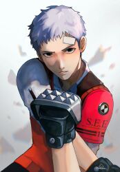 Rule 34 | 1boy, bandaid, bandaid on face, bandaid on forehead, black gloves, collared shirt, commentary, english commentary, gekkoukan high school uniform, gloves, grey hair, highres, looking at viewer, male focus, outstretched arm, parted lips, persona, persona 3, persona 3 reload, red sweater vest, s.e.e.s, sanada akihiko, school uniform, shirt, short hair, sleeves rolled up, solo, spiked knuckles, stretching, sweater vest, twitter username, upper body, wavedive, white shirt