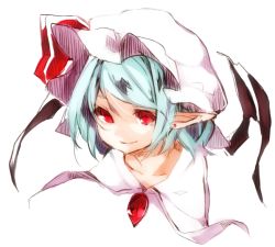 Rule 34 | 1girl, akagashi hagane, bat wings, blue hair, earrings, hat, hat ribbon, jewelry, mob cap, pointy ears, red eyes, remilia scarlet, ribbon, short hair, simple background, solo, touhou, upper body, white background, wings