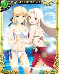 Rule 34 | 2girls, :d, ahoge, alternate costume, aqua eyes, artoria pendragon (all), artoria pendragon (fate), back, bare arms, bare back, bare legs, bare shoulders, beach, bikini, blonde hair, blue ribbon, blue sky, blush, bow, braid, braided bun, breasts, brown bow, card (medium), closed mouth, cloud, collarbone, day, eyes visible through hair, fate/zero, fate (series), female focus, floating hair, frilled bikini, frilled bikini top, frilled sarong, frills, gluteal fold, hair bun, hair intakes, hair ribbon, happy, holding hands, interlocked fingers, irisviel von einzbern, jpeg artifacts, legs, lens flare, long hair, looking at viewer, looking back, medium breasts, midriff, multiple girls, navel, neck, official alternate costume, open mouth, outdoors, partially submerged, red bikini, red eyes, red ribbon, red sarong, ribbon, round teeth, saber (fate), sarong, short hair, sidelocks, silver hair, sky, smile, standing, strapless, strapless bikini, swimsuit, teeth, type-moon, upper teeth only, very long hair, wading, water, white bikini