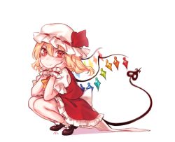 Rule 34 | 1girl, blonde hair, blush, bobby socks, brown footwear, closed mouth, flandre scarlet, frilled skirt, frills, hat, hat ribbon, laevatein (tail), looking at viewer, mob cap, puffy short sleeves, puffy sleeves, red eyes, red ribbon, red skirt, ribbon, shoes, short sleeves, simple background, skirt, smile, socks, solo, squatting, tail, tis (shan0x0shan), touhou, vest, white background, white socks, wings, wrist cuffs