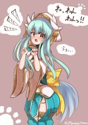 Rule 34 | 1girl, absurdres, blue skirt, blush, brown background, brown eyes, commentary request, dragon horns, fate/grand order, fate (series), green hair, groin, hair between eyes, hands up, highres, horns, jacket, kiyohime (fate), nose blush, notice lines, open mouth, short sleeves, simple background, skirt, solo, standing, sweat, thighhighs, translation request, twitter username, white jacket, white thighhighs, wide sleeves, yuya090602