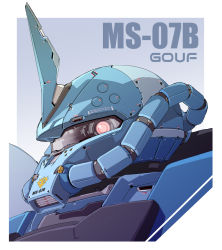 Rule 34 | character name, clip studio paint (medium), close-up, glowing, glowing eye, gouf, gundam, insignia, looking at viewer, mao (6r), mecha, mobile suit gundam, no humans, one-eyed, pink eyes, robot, solo, zeon