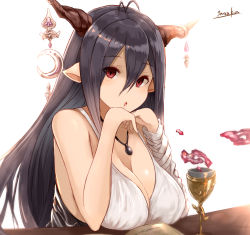 Rule 34 | 10s, 1girl, antenna hair, bandages, bandaged arm, bandages, black hair, breasts, chestnut mouth, head rest, cleavage, danua, draph, dress, drink, female focus, floating, floating object, granblue fantasy, hair between eyes, horn ornament, horns, jewelry, large breasts, long hair, looking at viewer, pendant, pointy ears, red eyes, signature, solo, upper body, white dress, yatsuka (846)