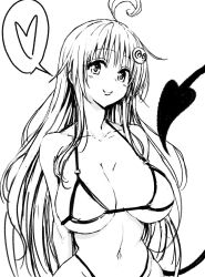Rule 34 | 1girl, absurdres, ahoge, bare shoulders, bikini, breasts, collarbone, curvy, female focus, fuchitoro, hair ornament, heart, highres, lala satalin deviluke, large breasts, linea alba, long hair, looking at viewer, monochrome, smile, solo, spoken heart, swimsuit, tail, text focus, to love-ru, very long hair, wide hips