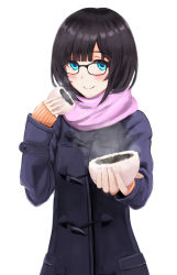 Rule 34 | 1girl, akito1218, baozi, black hair, blue coat, blue eyes, blunt bangs, blush, closed mouth, coat, commentary, duffel coat, food, glasses, highres, holding, holding food, incoming food, looking at viewer, original, pink scarf, scarf, short hair, simple background, sleeves past wrists, smile, solo, upper body, white background