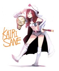 Rule 34 | 1girl, absurdres, belt, boots, brown hair, character name, coat, commentary, english commentary, full body, grin, hand up, hat, highres, kairi sane, knee boots, long hair, looking at viewer, open clothes, open coat, purple eyes, ratatatat74, real life, shorts, simple background, smile, solo, standing, standing on one leg, strapless, tube top, white background, white coat, white footwear, white hat, white shorts