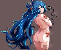 Rule 34 | ass, blue eyes, blue hair, from behind, highres, long hair, looking at viewer, ofuda, ofuda on clothes, oil, patch, peso (cheese company), solo, stuffed animal, stuffed cat, stuffed toy, touhou, very long hair, yorigami shion
