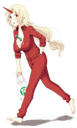 Rule 34 | 1girl, alternate costume, barefoot, between breasts, blonde hair, blush, breasts, cleavage, contemporary, cucumber, female focus, full body, hiroya juuren, horns, hoshiguma yuugi, large breasts, oni, red eyes, sexually suggestive, simple background, single horn, sleeves pushed up, solo, sweater, touhou