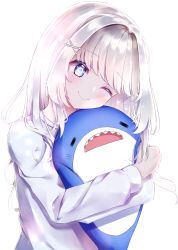 Rule 34 | 1girl, ;), absurdres, blue eyes, blush, commentary request, hugging doll, hair ornament, highres, long hair, long sleeves, hugging object, one eye closed, original, shirt, smile, solo, stuffed animal, stuffed shark, stuffed toy, upper body, white background, white hair, white shirt, x hair ornament, yayoi (yay0ee)