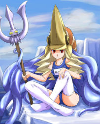 Rule 34 | 1girl, blonde hair, capcom, capcom fighting jam, cloud, day, feet, genderswap, genderswap (mtf), hat, ice, indian style, long hair, midnight bliss, nool, one-piece swimsuit, outdoors, polearm, red eyes, school swimsuit, sitting, sky, solo, spear, squid, swimsuit, tentacles, thighhighs, tri, trident, warzard, water, wavy hair, weapon, white thighhighs