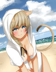 Rule 34 | 1girl, animal ears, bad id, bad pixiv id, beach, blonde hair, blue eyes, blue sky, blush, braid, breasts, brown hair, cat ears, cat tail, cleavage, cloud, cowboy shot, day, dutch angle, groin, hair between eyes, hair over shoulder, hair ribbon, highres, hood, hoodie, kento1102, kneeling, large breasts, leaning forward, light brown hair, long hair, looking at viewer, low-tied long hair, lynette bishop, naked hoodie, navel, nipples, no bikini, no pants, nude, ocean, on ground, open clothes, open hoodie, outdoors, public indecency, puffy nipples, ribbon, sand, seductive smile, single braid, sky, smile, solo, strike witches, tail, tan, tanline, v arms, water, world witches series