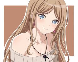 Rule 34 | 1girl, bang dream!, bang dream! it&#039;s mygo!!!!!, bare shoulders, blue eyes, border, breasts, brown background, brown hair, cleavage, closed mouth, collarbone, fractureheart, grey sweater, highres, long hair, looking at viewer, medium breasts, nagasaki soyo, off-shoulder sweater, off shoulder, outline, outside border, parted bangs, smile, solo, straight hair, striped clothes, striped sweater, sweater, upper body, white border