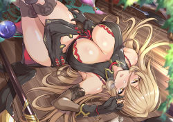Rule 34 | 1girl, bare shoulders, black gloves, blonde hair, bra, bra peek, breasts, cleavage, cleavage cutout, clothing cutout, commentary request, detached sleeves, dress, gloves, large breasts, long hair, looking at viewer, lying, magic circle, navel, navel cutout, nijisanji, nonnon (yudenonno), nui sociere, nui sociere (1st costume), open mouth, pelvic curtain, staff, thighs, underwear, upside-down, virtual youtuber, yellow eyes