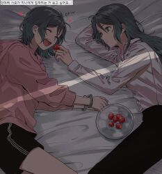 Rule 34 | 2girls, absurdres, aqua hair, bang dream!, black pants, black shorts, blush, closed eyes, closed mouth, collared shirt, commentary, cuffs, dress shirt, feeding, food, fruit, handcuffs, head rest, heart, highres, hikawa hina, hikawa sayo, hood, hoodie, incest, korean text, long hair, long sleeves, lying, multiple girls, on bed, on side, open mouth, pants, pink hoodie, shirt, short hair, shorts, siblings, sidelocks, smile, spoken heart, strawberry, teeth, translation request, twincest, twins, upper teeth only, white shirt, yuri, zihacheol