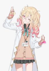 Rule 34 | 1girl, black skirt, blonde hair, brown cardigan, cardigan, coat, erlenmeyer flask, flask, get over it. (project sekai), glasses, hair ornament, hairclip, highres, holding, holding flask, id card, lab coat, long hair, one eye closed, pink eyes, pleated skirt, project sekai, sidelocks, simple background, skirt, solo, tenma saki, twintails, white background, white coat, yuuli (tuna221022)