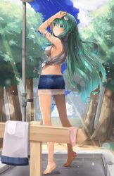 Rule 34 | 1girl, alternate costume, bare legs, barefoot, blue eyes, blue sky, breasts, cloud, commentary request, day, forest, frog hair ornament, green hair, hair ornament, kochiya sanae, legs, long hair, looking at viewer, medium breasts, nature, outdoors, shin (new), short shorts, shorts, showering, sideboob, sky, snake, solo, standing, touhou, wet