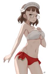 Rule 34 | 1girl, bikini, breasts, brown eyes, brown hair, cowboy shot, eyewear strap, glasses, hand on own chest, headdress, highres, kantai collection, large breasts, mismatched bikini, navel, neve (morris-minicooper), pince-nez, roma (kancolle), short hair, side-tie bikini bottom, simple background, solo, swimsuit, wavy hair, white background