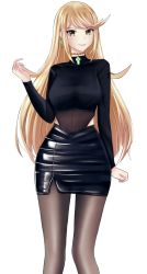 Rule 34 | 1girl, absurdres, alternate costume, black skirt, black sweater, blonde hair, breasts, brown pantyhose, closed mouth, covered navel, cropped sweater, dangle earrings, earrings, hand up, highres, jewelry, langspower, large breasts, long hair, long sleeves, looking at viewer, mythra (xenoblade), necklace, pantyhose, pencil skirt, playing with own hair, skirt, smile, solo, sweater, swept bangs, white background, xenoblade chronicles (series), xenoblade chronicles 2, yellow eyes