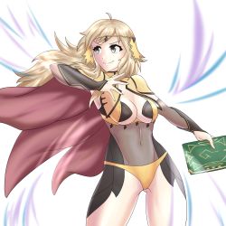 Rule 34 | 1girl, absurdres, ahoge, blonde hair, bodystocking, book, breasts, cape, circlet, cleavage, closed mouth, covered navel, fire emblem, fire emblem fates, grey eyes, hair flowing over, hayato stuff, highres, holding, holding book, holding weapon, large breasts, long hair, looking to the side, magic, nintendo, ophelia (fire emblem), panties, underwear, upper body, weapon, yellow panties