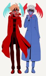 Rule 34 | 2boys, asuka ryou, blonde hair, blood, blue coat, blue eyes, blue pants, brown pants, coat, devilman, devilman crybaby, eyebrows, hassysoda, head wings, highres, jacket, multiple boys, multiple persona, pants, red eyes, shirt, shoes, short hair, simple background, striped clothes, striped shirt, white background, wings