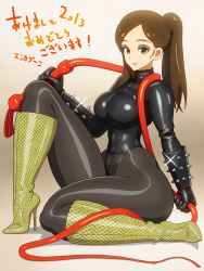 Rule 34 | 1girl, bdsm, bondage, boots, bound, brown hair, corset, dominatrix, enkaboots, gloves, high heels, highres, leather, leotard, original, pantyhose, ponytail, shoes, snakeskin print, solo, thick thighs, thighs, translation request, whip, wide hips, yellow eyes