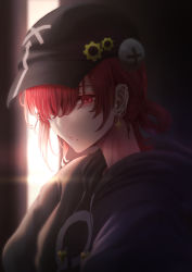 Rule 34 | 1girl, absurdres, aderi1020, black hat, black hoodie, closed mouth, commentary request, drill, earrings, expressionless, gear hat ornament, gears, hair between eyes, hair over one eye, hat, highres, hood, hood down, hoodie, indie virtual youtuber, jewelry, kaiten-tsuzuri, looking at viewer, object through head, red eyes, red hair, screw in head, short hair, solo, upper body, virtual youtuber