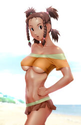 Rule 34 | 1girl, bare shoulders, beach, braid, breasts, brown eyes, brown hair, collarbone, commentary request, crop top, dark-skinned female, dark skin, hand on own hip, long hair, looking at viewer, medium breasts, midriff, moonbay, navel, no bra, ocean, open mouth, revision, short shorts, shorts, solo, standing, twin braids, ueyama michirou, underboob, zoids, zoids chaotic century