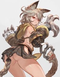 Rule 34 | 10s, 1girl, animal ears, ass, bare back, black skirt, blush, braid, brown hair, cat ears, claws, closed mouth, cowboy shot, detached sleeves, erune, fang, fang out, from behind, fur trim, granblue fantasy, heart, highres, hip vent, hood, hood down, lack, leaning forward, long hair, long sleeves, looking at viewer, looking back, panties, pantyshot, pleated skirt, red eyes, sen (granblue fantasy), single braid, skirt, solo, standing, sweatdrop, thighs, tooth, underwear, upskirt, very long hair, white panties