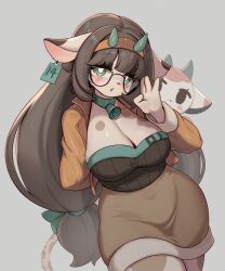 Rule 34 | 1girl, absurdres, animal ears, arm behind back, bell, black-framed eyewear, borrowed character, breasts, brown hair, brown skirt, cleavage, cow ears, cow girl, cow tail, cowbell, ear tag, furry, furry female, glasses, green eyes, green horns, grey background, hairband, highres, horns, large breasts, long hair, looking at viewer, neck bell, orange hairband, original, simple background, skirt, tail, twintails, whooo-ya