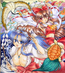 Rule 34 | 2girls, :d, armpits, bad id, bad pixiv id, bamboo broom, bare shoulders, bird, blue hair, bow, breasts, broom, brown hair, center opening, cleavage, collar, covered erect nipples, crane (animal), crossover, detached sleeves, downblouse, dress, dual wielding, fighting stance, flower, fundoshi, glowing, goggles, goggles on head, gohei, hair bow, hair ornament, hair ribbon, hakurei reimu, happy, holding, japanese clothes, jewelry, kimono, large breasts, long hair, magatama, magic, mascot, miko, multiple girls, necklace, nipples, no bra, ofuda, open clothes, open mouth, open shirt, pemoko, pendant, ponytail, psikyo, ribbon, sengoku ace, shirt, smile, togashi koyori, touhou, traditional media, turtle, very long hair, yukata