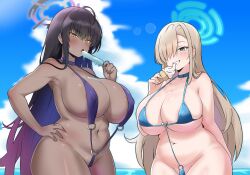 Rule 34 | 2girls, alternate body size, alternate breast size, alternate costume, amogan, areola slip, arm behind back, asuna (blue archive), asymmetrical bangs, bikini, blonde hair, blue archive, blue bikini, blue halo, blue sky, blurry, blurry background, blush, breasts, cleavage, clenched teeth, cloud, cloudy sky, commentary, commentary request, commission, covered erect nipples, cowboy shot, curvy, dark-skinned female, dark skin, day, food, hair over one eye, halo, hand on own hip, highres, horizon, huge breasts, ice cream cone, karin (blue archive), long hair, looking at viewer, multiple girls, navel, outdoors, pixiv commission, plump, popsicle, purple hair, sideboob, sky, slingshot swimsuit, slit pupils, smile, stomach, swimsuit, teeth, thick thighs, thighs, tsurime, underboob, wide hips, yellow eyes