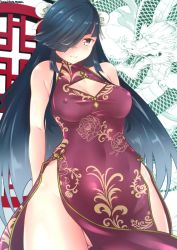 Rule 34 | 1girl, alternate costume, black hair, breasts, brown eyes, bun cover, china dress, chinese clothes, cleavage cutout, clothing cutout, covered erect nipples, cowboy shot, double bun, dress, floral print, hair bun, hair over one eye, hayashimo (kancolle), highres, hime cut, kantai collection, kumichou (nakasato-gumi), long hair, medium breasts, no panties, one-hour drawing challenge, purple dress, side slit, solo, very long hair