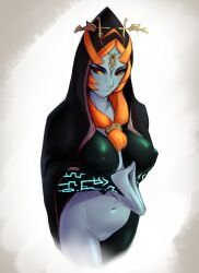 Rule 34 | 1girl, absurdres, breasts, closed mouth, colored sclera, covered erect nipples, cropped legs, highres, hood, hood up, large breasts, long hair, midna, midna (true), navel, nintendo, orange hair, orange sclera, own hands clasped, own hands together, pudgeruffian, pussy, red eyes, simple background, solo, the legend of zelda, the legend of zelda: twilight princess, white background