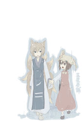 Rule 34 | 2girls, animal ears, animal hat, blonde hair, brown eyes, brown hair, chen, dress, female focus, fox ears, fox tail, hat, unworn hat, unworn headwear, holding hands, itsutsu, light brown hair, long sleeves, looking at another, mob cap, multiple girls, multiple tails, open mouth, mob cap, rain, short hair, tabard, tail, touhou, white background, wide sleeves, yakumo ran