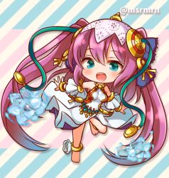 Rule 34 | 1girl, anklet, aqua eyes, bad id, bad pixiv id, barefoot, bracelet, chibi, detached sleeves, diagonal stripes, jewelry, lakshmi (p&amp;d), mashiro miru, outstretched arms, purple hair, puzzle &amp; dragons, solo, spread arms, striped, striped background, twintails, twitter username
