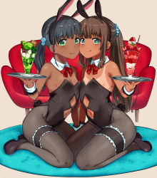 Rule 34 | 2girls, :q, animal ears, bare shoulders, black hair, black legwear, breasts, bridal garter, bright pupils, brown hair, cheek-to-cheek, child, clothing cutout, couch, dark-skinned female, dark skin, detached collar, fake animal ears, food, full body, green eyes, hai ookami, hair bobbles, hair ornament, hairband, hairclip, heads together, heart, heart-shaped pupils, highres, ice cream, leaning forward, leotard, looking at viewer, multiple girls, navel, navel cutout, original, pantyhose, playboy bunny, rabbit ears, rabbit tail, seiza, side ponytail, sitting, small breasts, sundae, symbol-shaped pupils, tail, tan, tanline, tongue, tongue out, tray, twintails, wrist cuffs