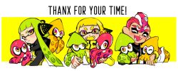 Rule 34 | 1boy, 2girls, animal, asymmetrical sleeves, black jacket, black shirt, blonde hair, blunt bangs, blush, bracelet, closed eyes, closed mouth, colored tongue, commentary, cropped torso, english text, facing viewer, fangs, green hair, headgear, holding, holding animal, inkling, inkling girl, inkling player character, jacket, jewelry, long sleeves, looking at another, looking at viewer, mohawk, multiple girls, multiple persona, nintendo, octoling, octoling player character, octopus, one eye closed, open mouth, red hair, shirt, single sleeve, smile, splatoon (series), splatoon 2, splatoon 2: octo expansion, squid, squidbeak splatoon, standing, suction cups, uneven sleeves, vest, yellow jacket, yellow tongue, yellow vest, yeneny