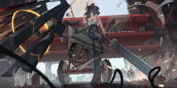 Rule 34 | 1girl, absurdres, aircraft, airplane, antique firearm, armband, ash arms, ass, bare arms, bare shoulders, black armband, black gloves, black hair, black headwear, breasts, chinese commentary, choker, city, firearm, gloves, gun, harness, hat, high heels, highres, holding, holding sword, holding weapon, huge weapon, large breasts, leather, leather pants, light particles, looking at viewer, mecha musume, pants, personification, red eyes, sail (apha7775), scabbard, sheath, short hair, sword, weapon, white choker
