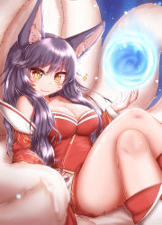 Rule 34 | 1girl, ahri (league of legends), animal ear fluff, animal ears, bare shoulders, breasts, chinese clothes, cleavage, collarbone, detached sleeves, face paint, fang, fox ears, fox tail, hair between eyes, highres, horokusa (korai), large breasts, league of legends, long hair, looking at viewer, multiple tails, sitting, smile, solo, swept bangs, tail, thick thighs, thighs, very long hair, yellow eyes