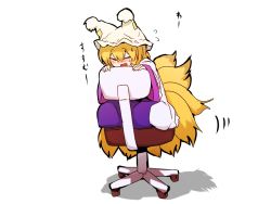 Rule 34 | 1girl, :d, animal hat, blonde hair, blush, chair, dress, fang, flying sweatdrops, fox tail, full-face blush, happy, hat, mizuga, mob cap, multiple tails, office chair, open mouth, mob cap, shadow, short hair, simple background, sitting, skin fang, smile, swivel chair, tabard, tail, touhou, wariza, white background, white dress, wide sleeves, yakumo ran